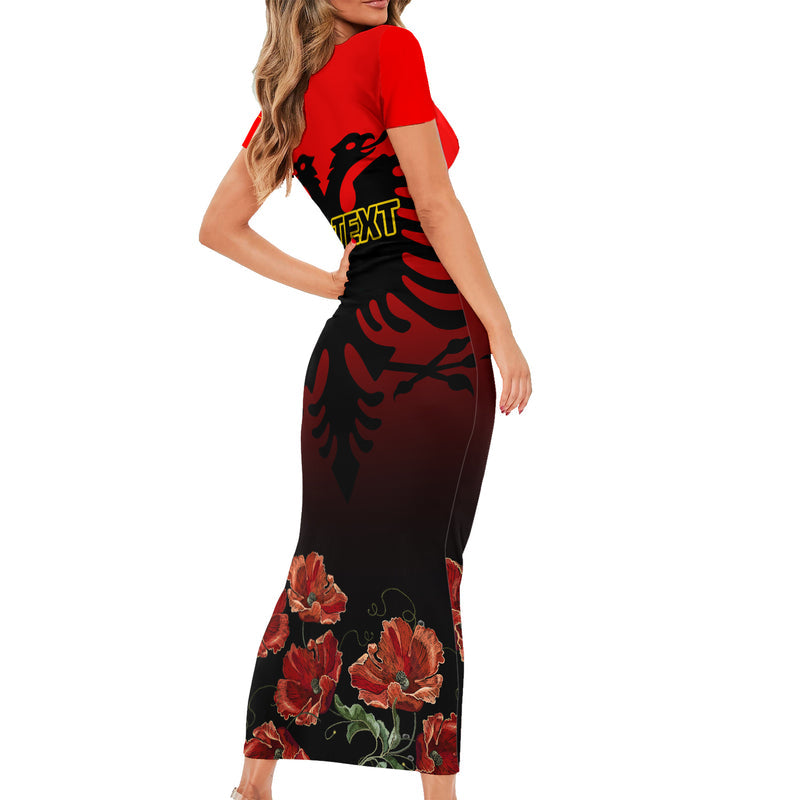 Albania Independence Day Albanian Coat Of Arms With Red Poppy Flower Short Sleeve Bodycon Dress