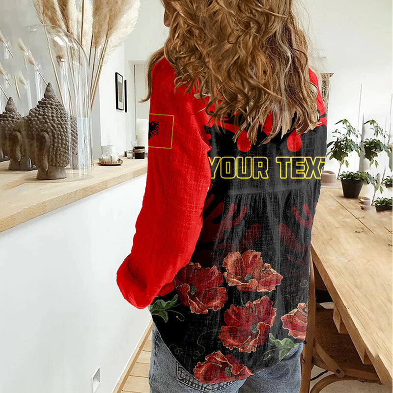 Albania Independence Day Albanian Coat Of Arms With Red Poppy Flower Women Casual Shirt