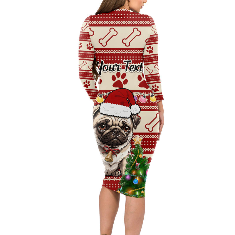 Custom Dog Christmas Cute Pug Dog With Xmas Tree Long Sleeve Bodycon Dress