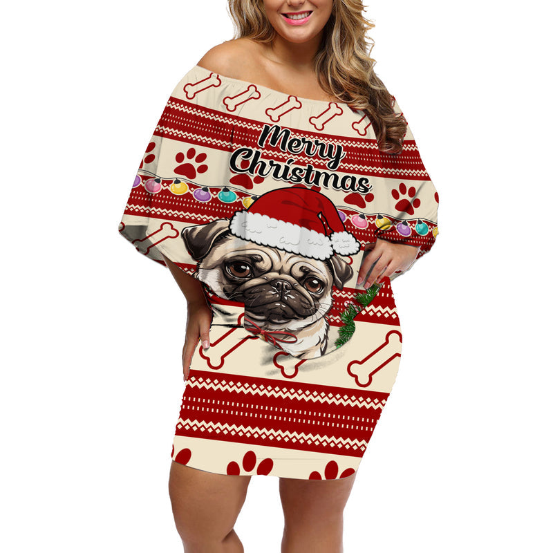 Custom Dog Christmas Cute Pug Dog With Xmas Tree Off Shoulder Short Dress