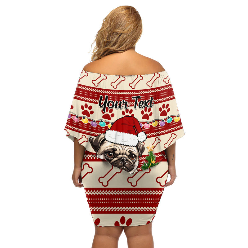 Custom Dog Christmas Cute Pug Dog With Xmas Tree Off Shoulder Short Dress