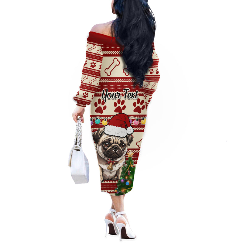 Custom Dog Christmas Cute Pug Dog With Xmas Tree Off The Shoulder Long Sleeve Dress