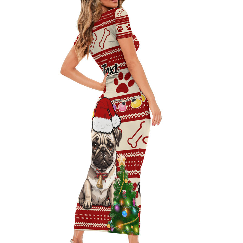 Custom Dog Christmas Cute Pug Dog With Xmas Tree Short Sleeve Bodycon Dress