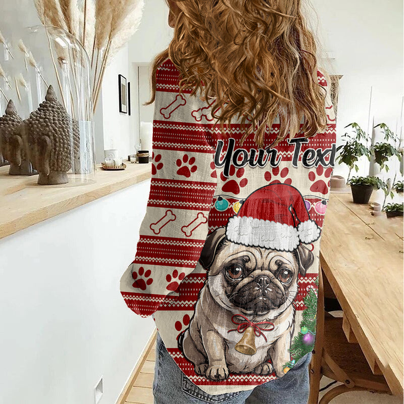 Custom Dog Christmas Cute Pug Dog With Xmas Tree Women Casual Shirt