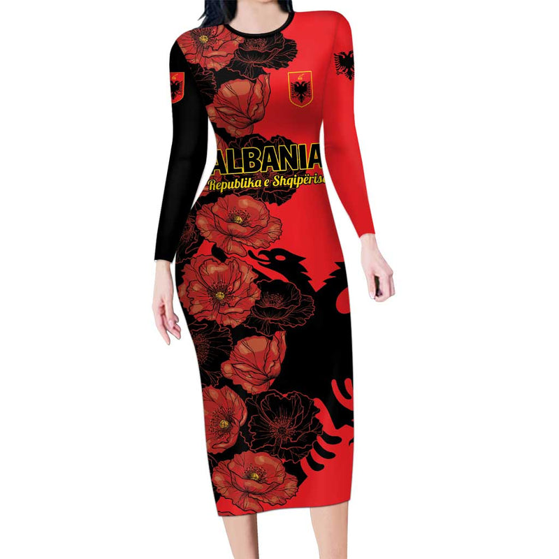 Albania Eagle Red Poppy Flowers Long Sleeve Bodycon Dress