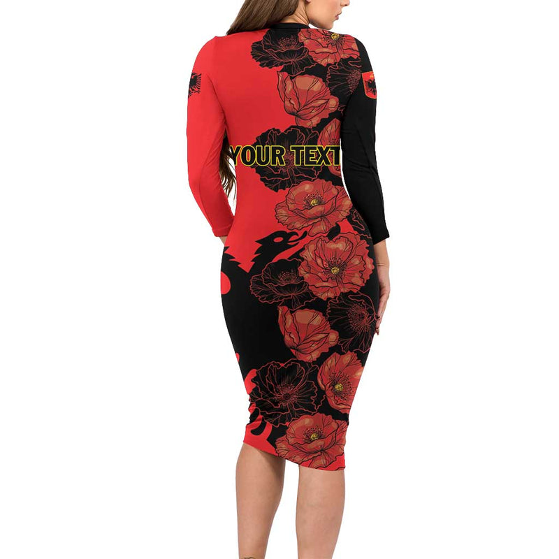 Albania Eagle Red Poppy Flowers Long Sleeve Bodycon Dress