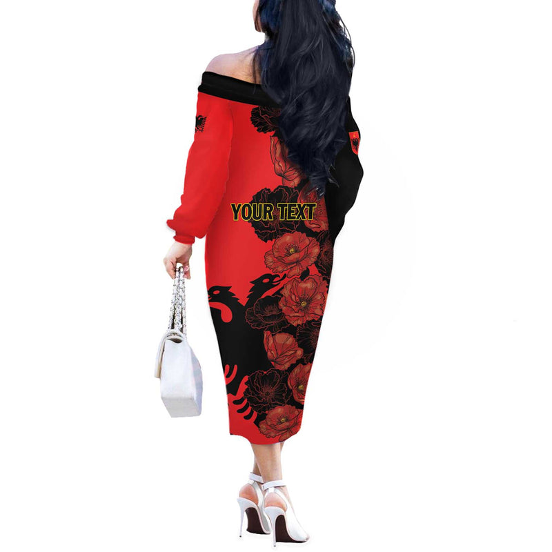 Albania Eagle Red Poppy Flowers Off The Shoulder Long Sleeve Dress