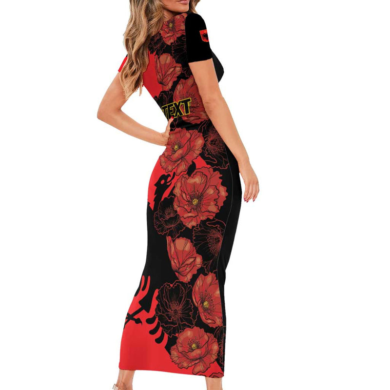 Albania Eagle Red Poppy Flowers Short Sleeve Bodycon Dress