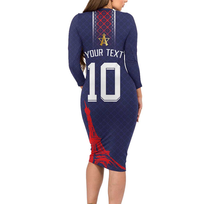 Custom Midnight Navy Football Paris Architectural Heritage Style Long Sleeve Bodycon Dress