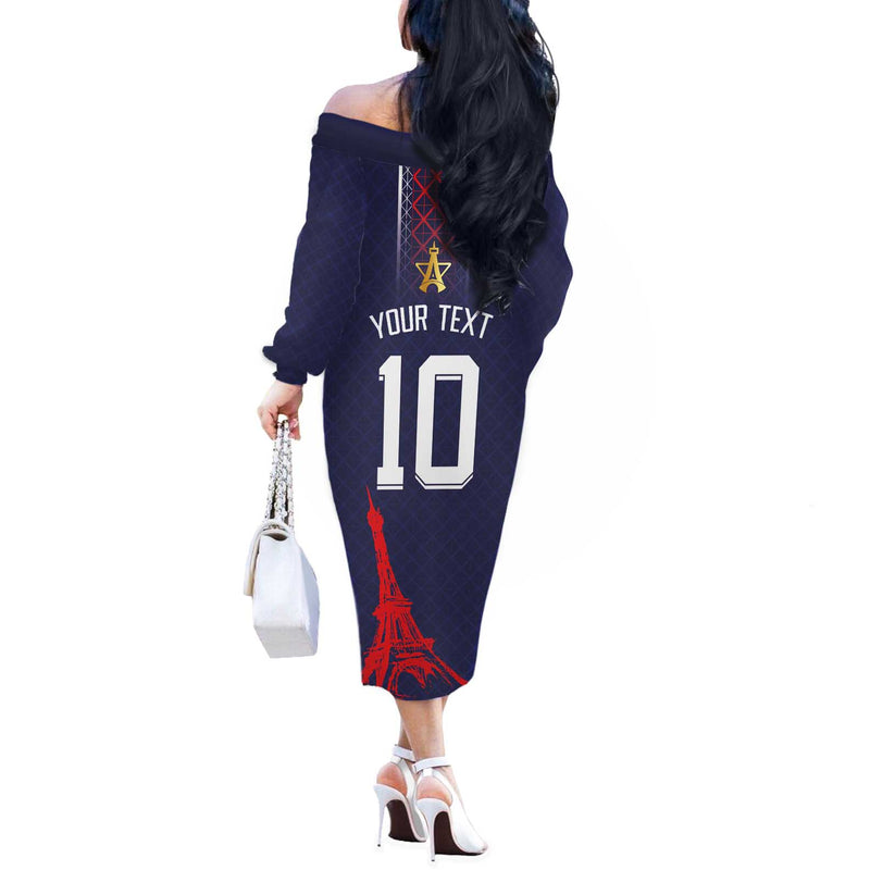 Custom Midnight Navy Football Paris Architectural Heritage Style Off The Shoulder Long Sleeve Dress
