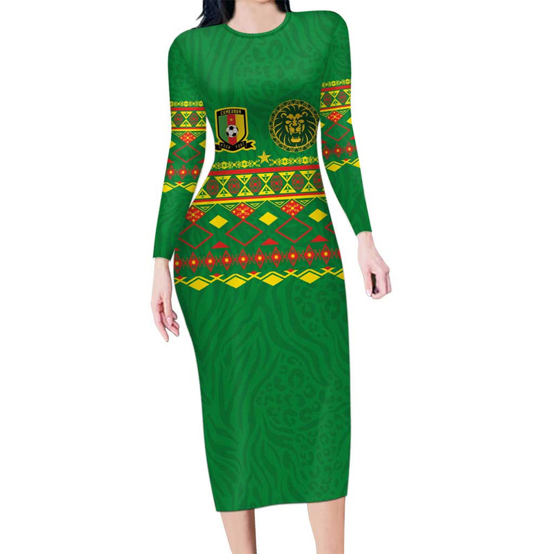 Custom Cameroon Football Tribal Motifs Green Color Long Sleeve Bodycon Dress