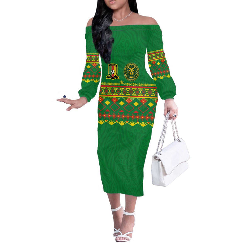 Custom Cameroon Football Tribal Motifs Green Color Off The Shoulder Long Sleeve Dress