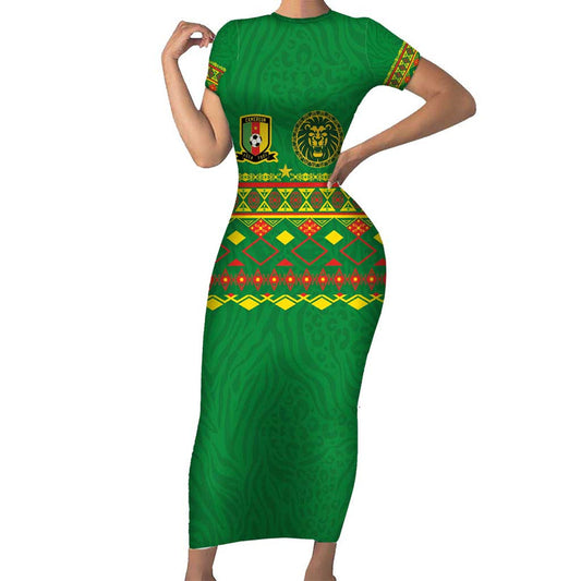 Custom Cameroon Football Tribal Motifs Green Color Short Sleeve Bodycon Dress