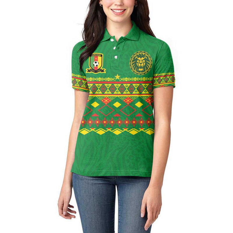 Custom Cameroon Football Tribal Motifs Green Color Women Polo Shirt