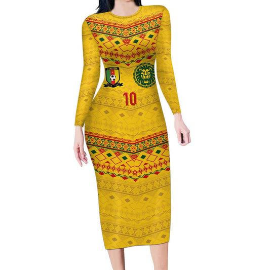 Custom Cameroon Football Tribal Motifs Yellow Color Long Sleeve Bodycon Dress