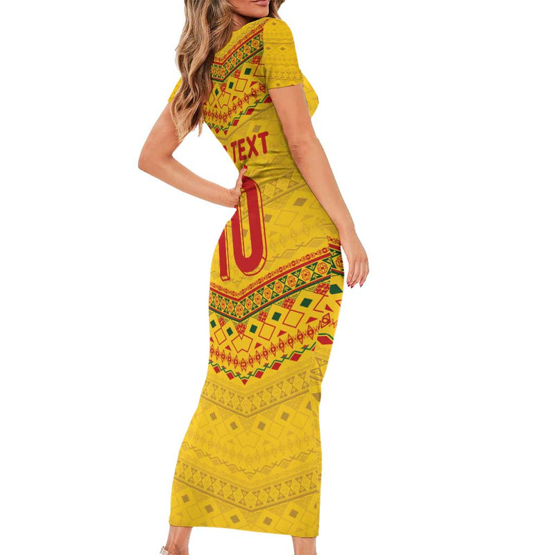 Custom Cameroon Football Tribal Motifs Yellow Color Short Sleeve Bodycon Dress