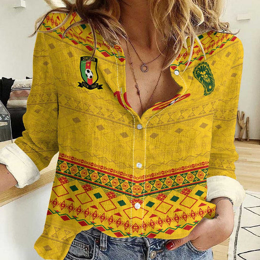 Custom Cameroon Football Tribal Motifs Yellow Color Women Casual Shirt
