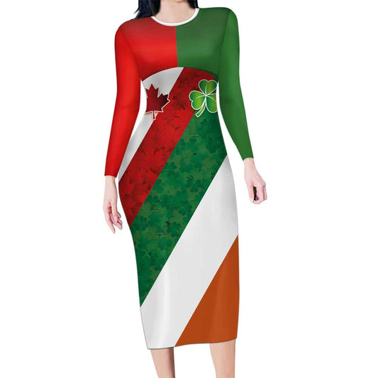 Custom Canada And Ireland Shamrocks And Maple Leaves Long Sleeve Bodycon Dress