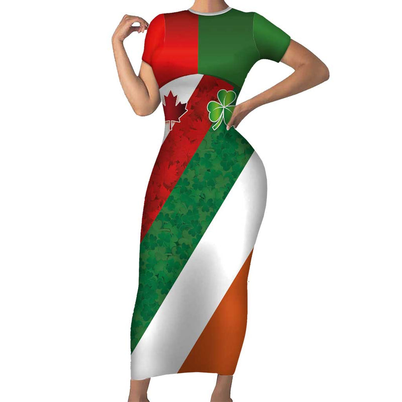 Custom Canada And Ireland Shamrocks And Maple Leaves Short Sleeve Bodycon Dress