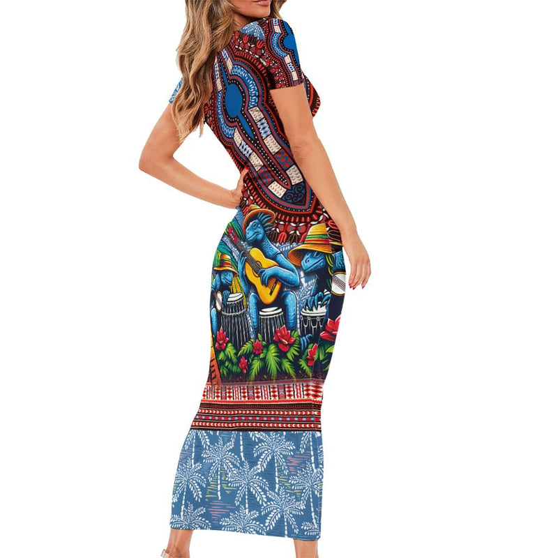 Afro-caribbean African Dashiki Style With Caribbean Music With Blue Iguanas Short Sleeve Bodycon Dress