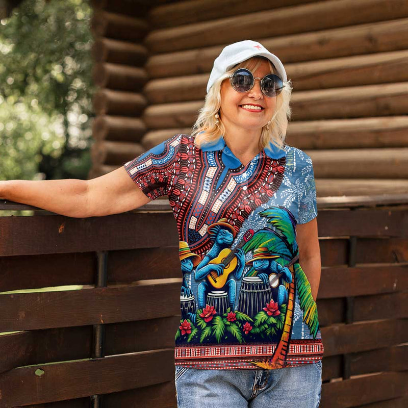 Afro-Caribbean African Dashiki Style with Caribbean Music with Blue Iguanas Women Polo Shirt