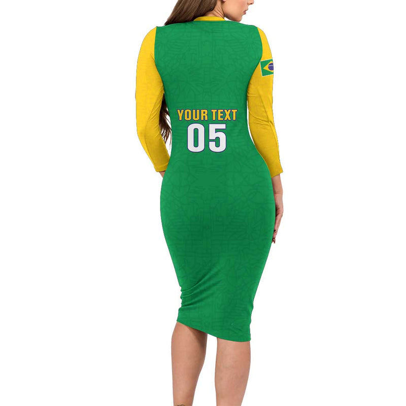Custom Brazil Football Flag Style Long Sleeve Bodycon Dress