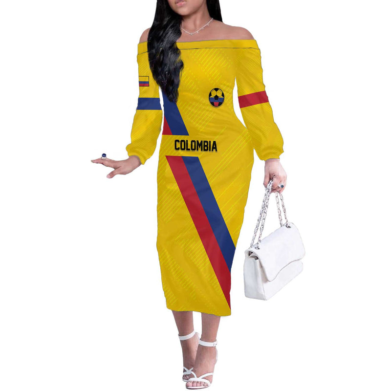 Custom Colombia Football Vamos La Tricolor Retro Style Off The Shoulder Long Sleeve Dress