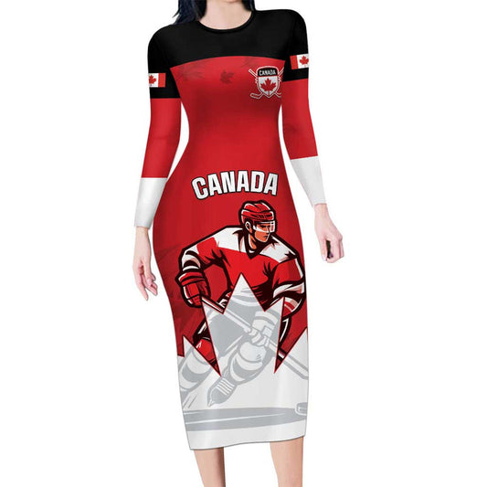 Custom Canada Hockey Maple Leaves Sporty Style Long Sleeve Bodycon Dress