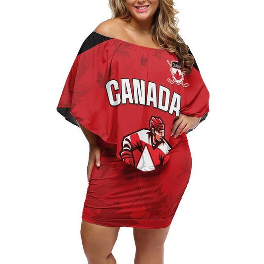 Custom Canada Hockey Maple Leaves Sporty Style Off Shoulder Short Dress