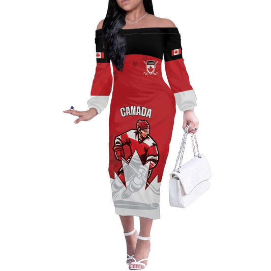 Custom Canada Hockey Maple Leaves Sporty Style Off The Shoulder Long Sleeve Dress