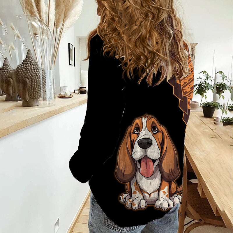 Custom Basset Hound Dog With Polynesian Tribal Tattoo Women Casual Shirt
