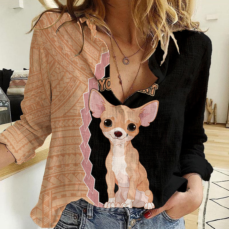 Custom Chihuahua Dog With Polynesian Tribal Tattoo Women Casual Shirt