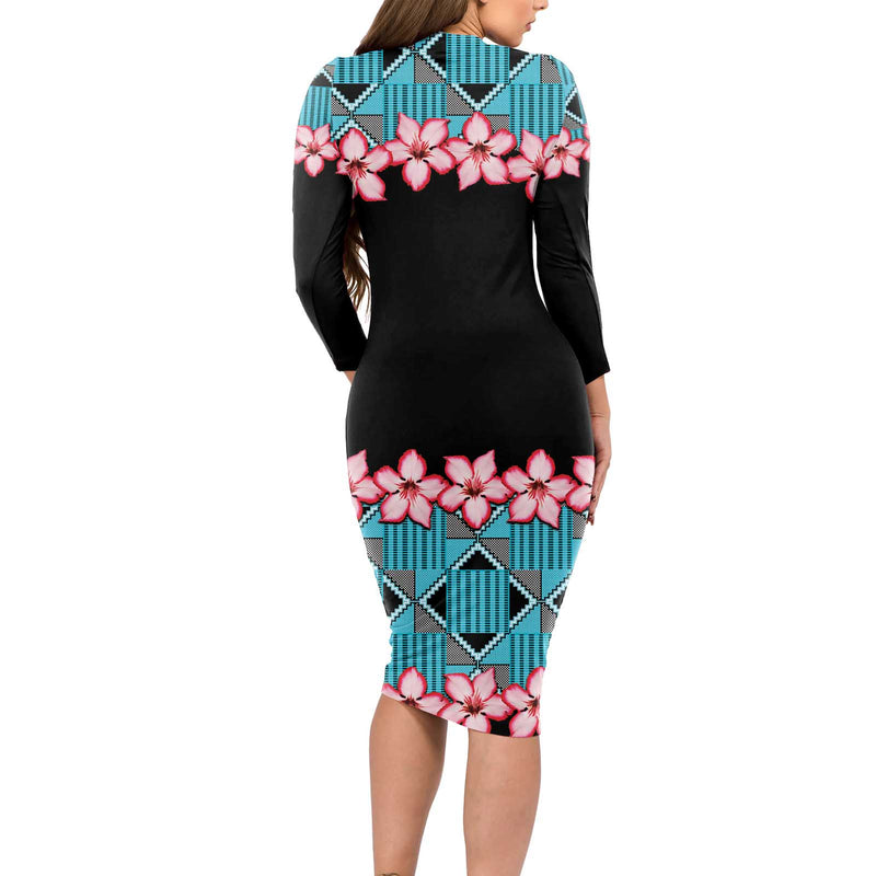 African Adenium Multiflorum Flowers With Kente Style Long Sleeve Bodycon Dress