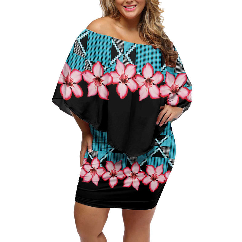 African Adenium Multiflorum Flowers With Kente Style Off Shoulder Short Dress