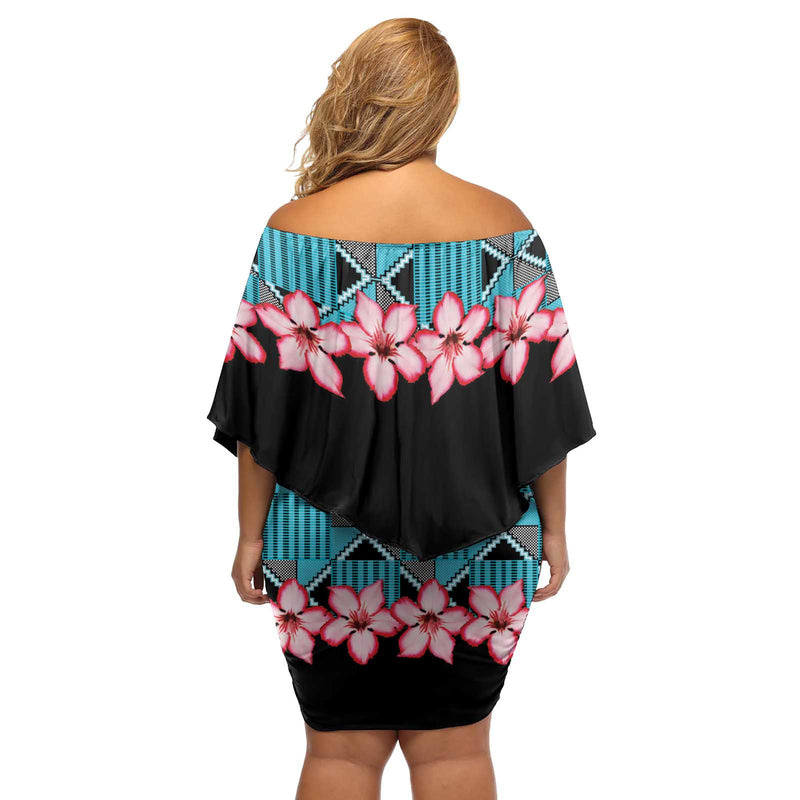 African Adenium Multiflorum Flowers With Kente Style Off Shoulder Short Dress