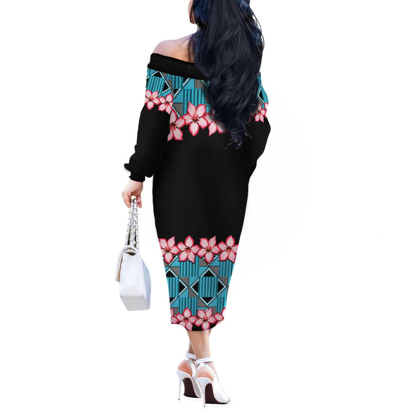 African Adenium Multiflorum Flowers With Kente Style Off The Shoulder Long Sleeve Dress