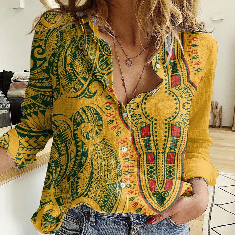 Africa Dashiki African Tribal Art Mixed Polynesian Tattoo Gold Color Unique Women Casual Shirt