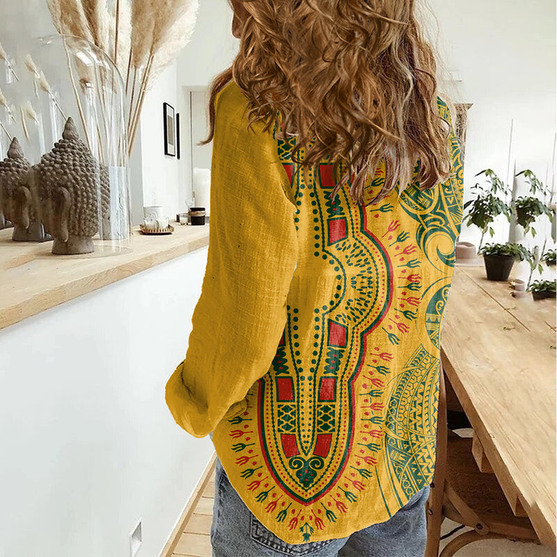 Africa Dashiki African Tribal Art Mixed Polynesian Tattoo Gold Color Unique Women Casual Shirt