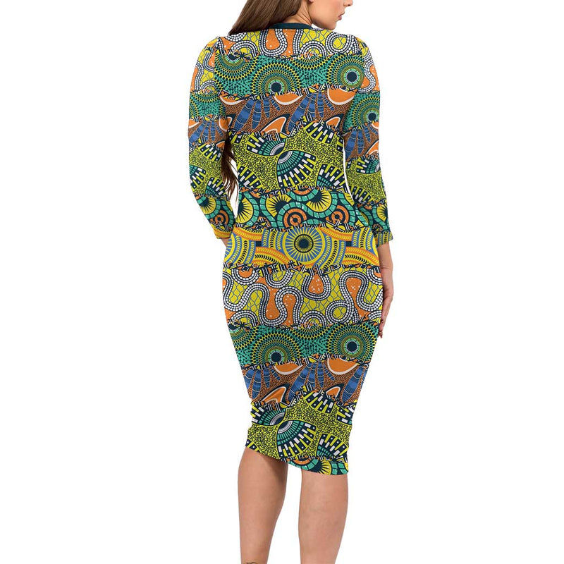 Africa Tribal Mixed Pattern Long Sleeve Bodycon Dress