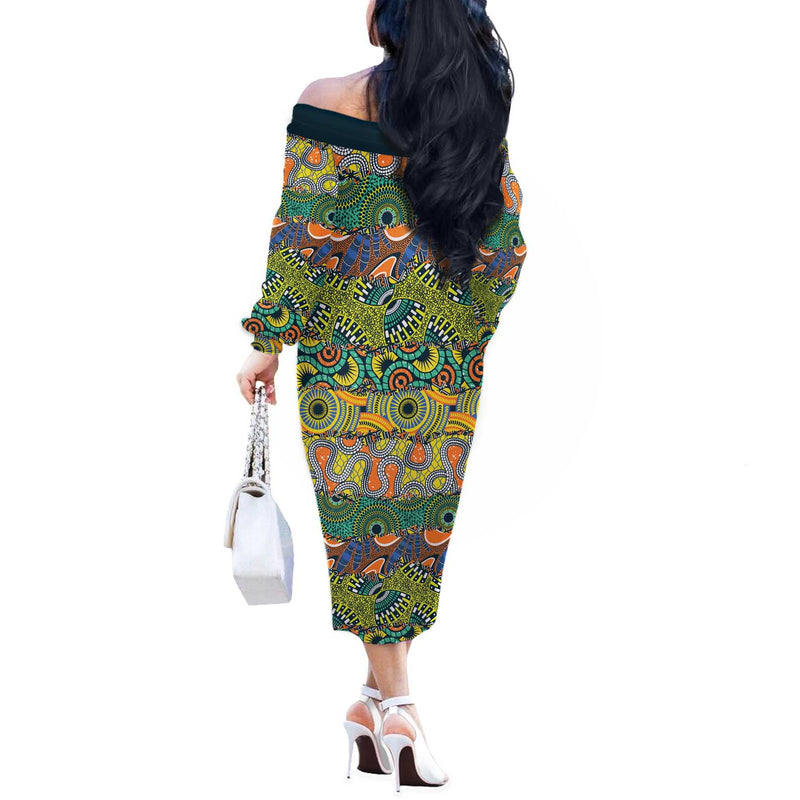 Africa Tribal Mixed Pattern Off The Shoulder Long Sleeve Dress