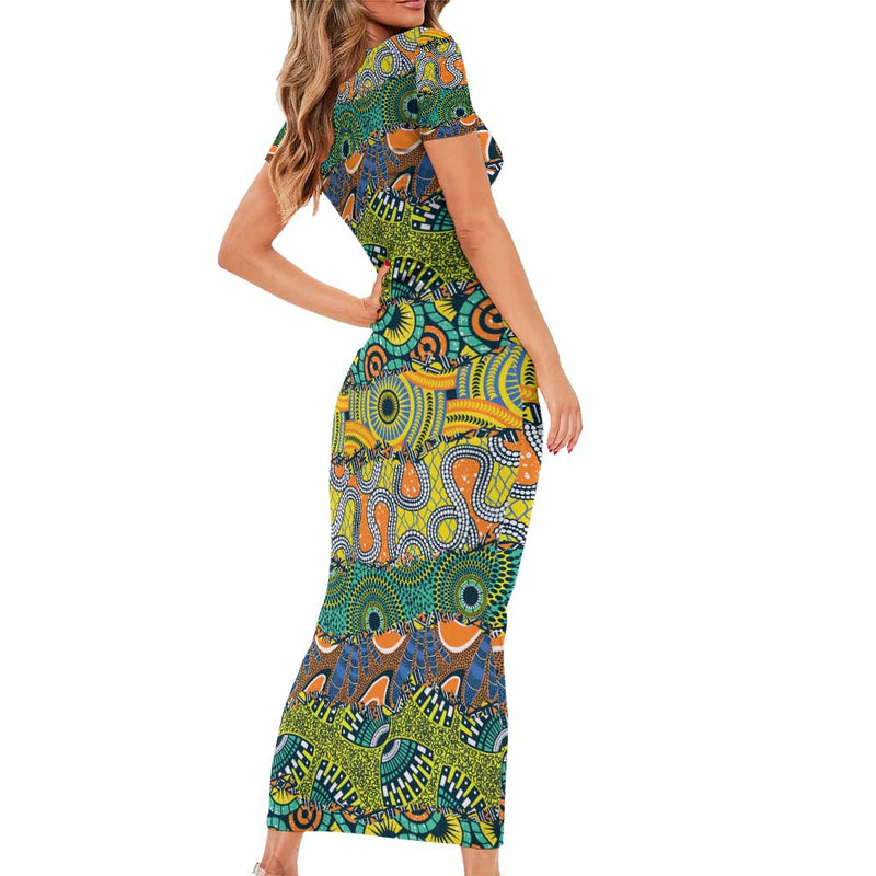 Africa Tribal Mixed Pattern Short Sleeve Bodycon Dress
