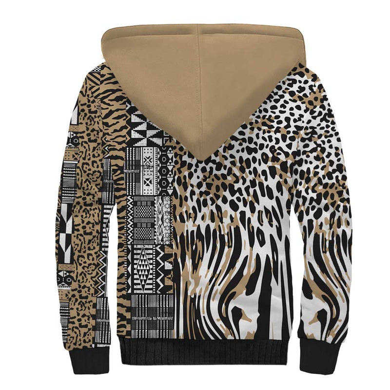 Africa Tribal Pattern Mixed Leopard Skin Sherpa Hoodie