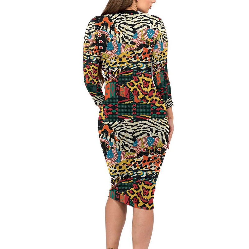 African Mixed Wild Animal Skins Long Sleeve Bodycon Dress