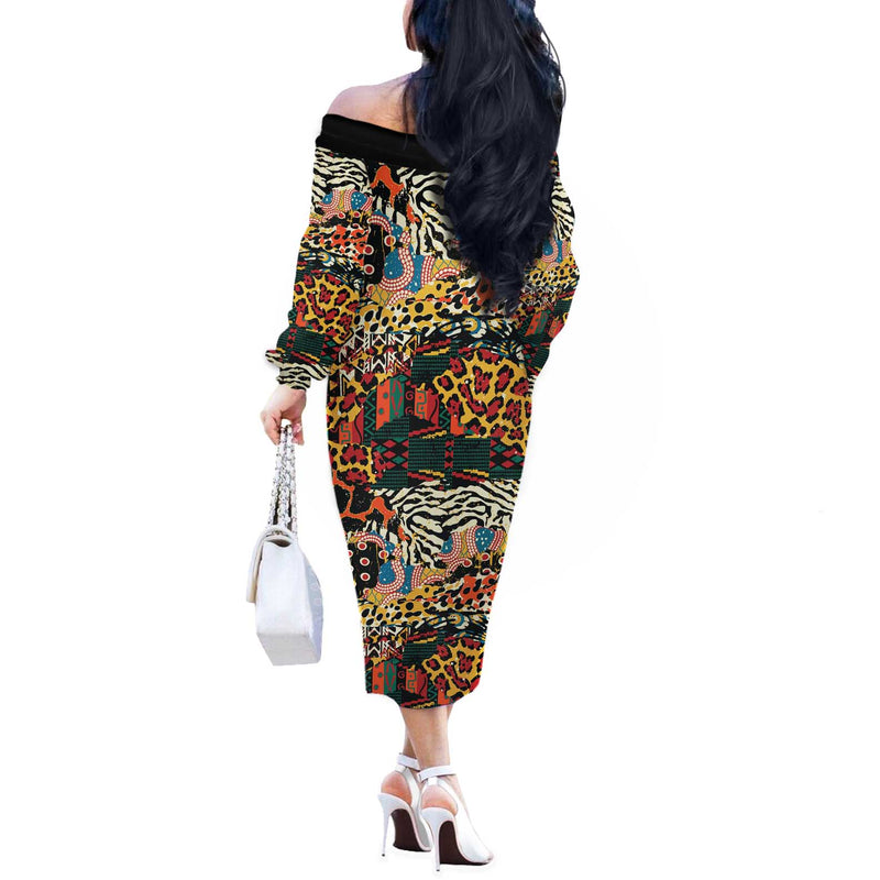 African Mixed Wild Animal Skins Off The Shoulder Long Sleeve Dress
