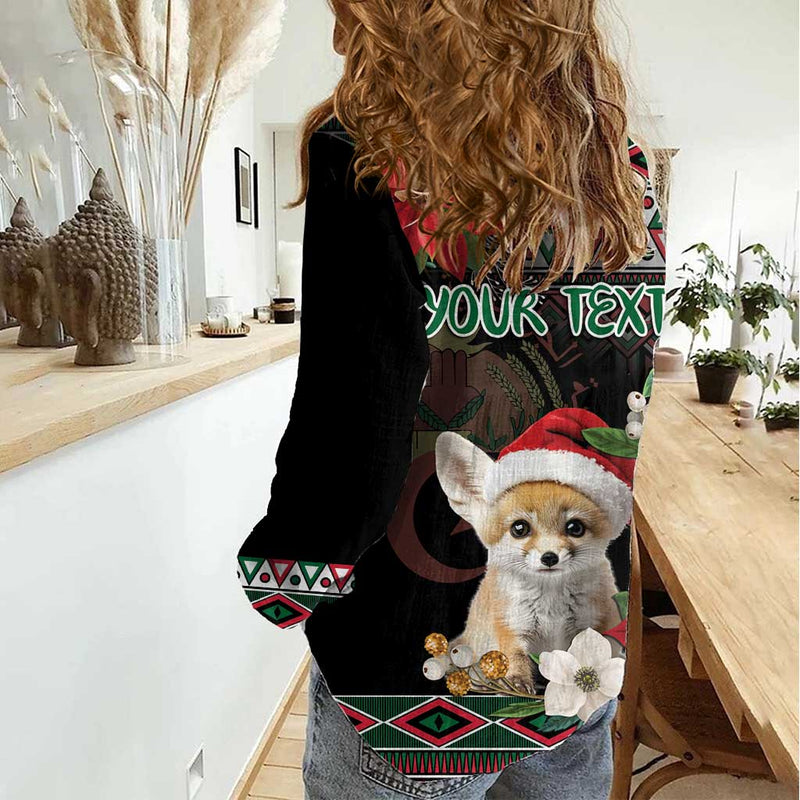 Algeria Christmas Fennec Fox Santa and Traditional Pattern Women Casual Shirt