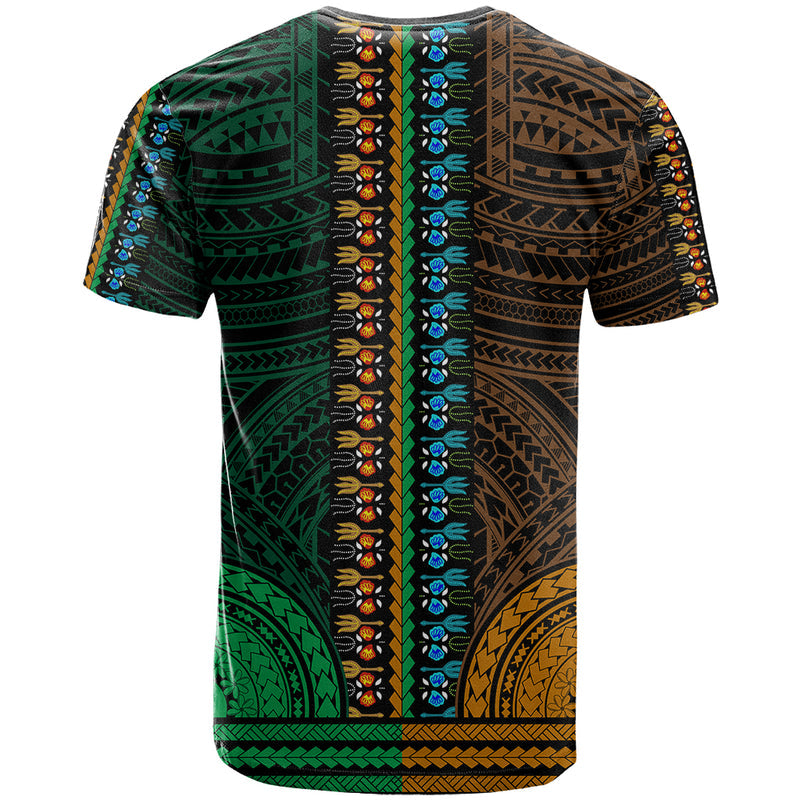 African Dashiki With Polynesian Pattern - Half Green and Gold T Shirt