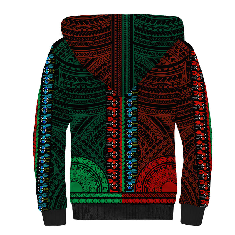 African Dashiki With Polynesian Pattern - Half Green and Red Sherpa Hoodie