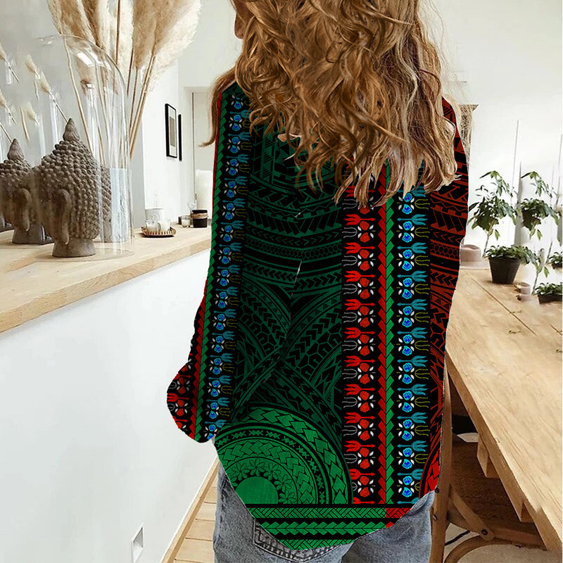 African Dashiki With Polynesian Pattern - Half Green and Red Women Casual Shirt