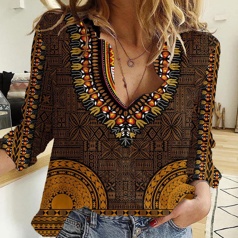 African Dashiki With Tapa Pattern - Gold Women Casual Shirt