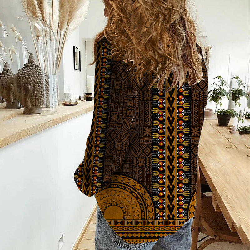 African Dashiki With Tapa Pattern - Gold Women Casual Shirt